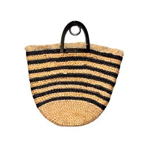 SHIRALEAH Striped Jute Tote with Wooden Handles NWT